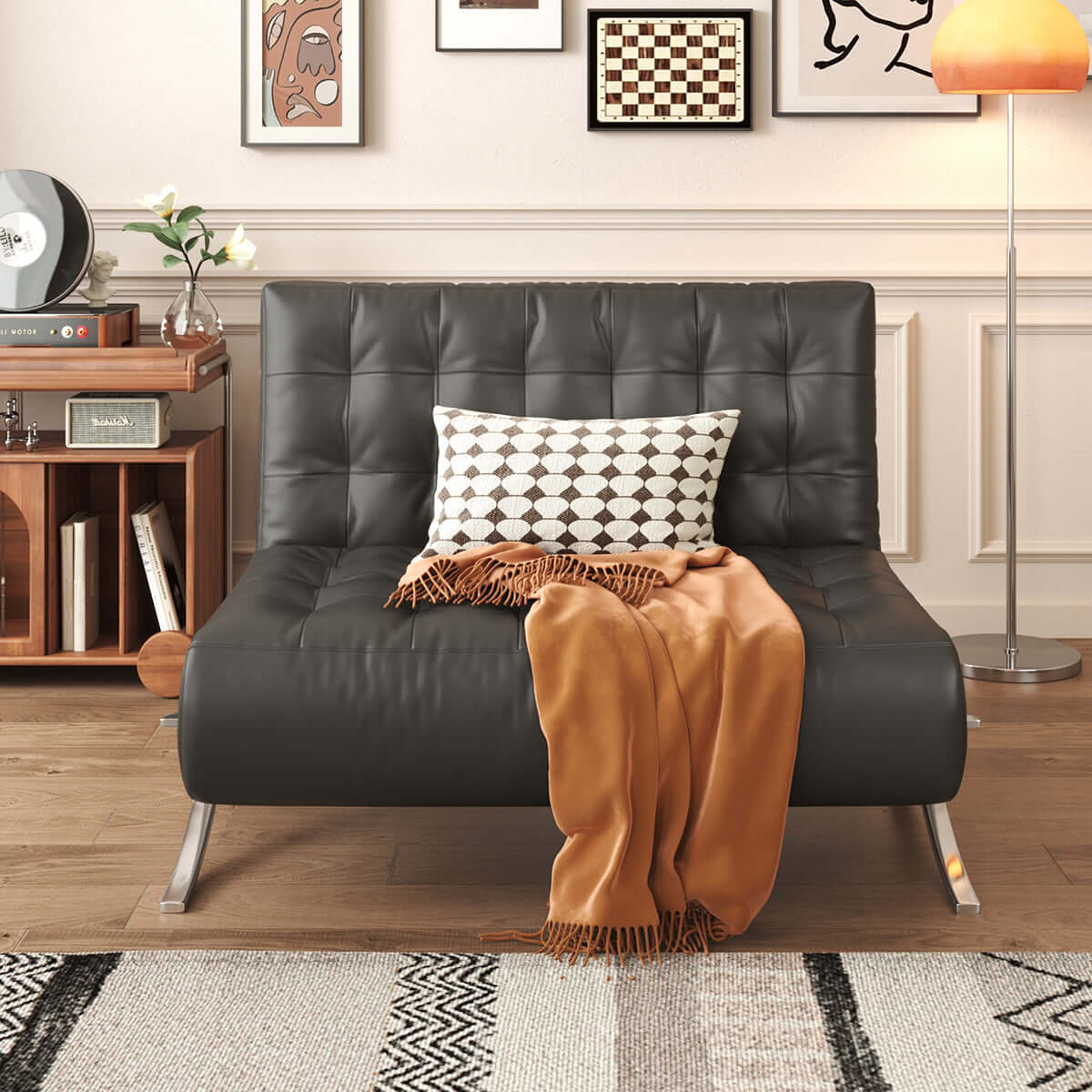 Retro leather Barcelona sofa chair with metal legs, featuring a lazy design for comfort