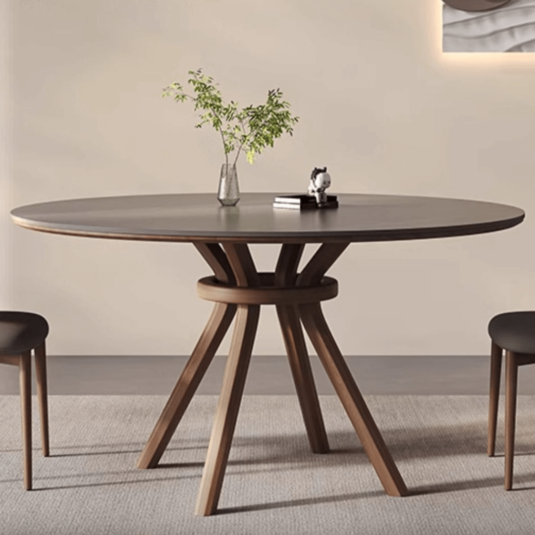 High-End Rotating Round Dining Table in Stylish Gray and Warm Wood Finish