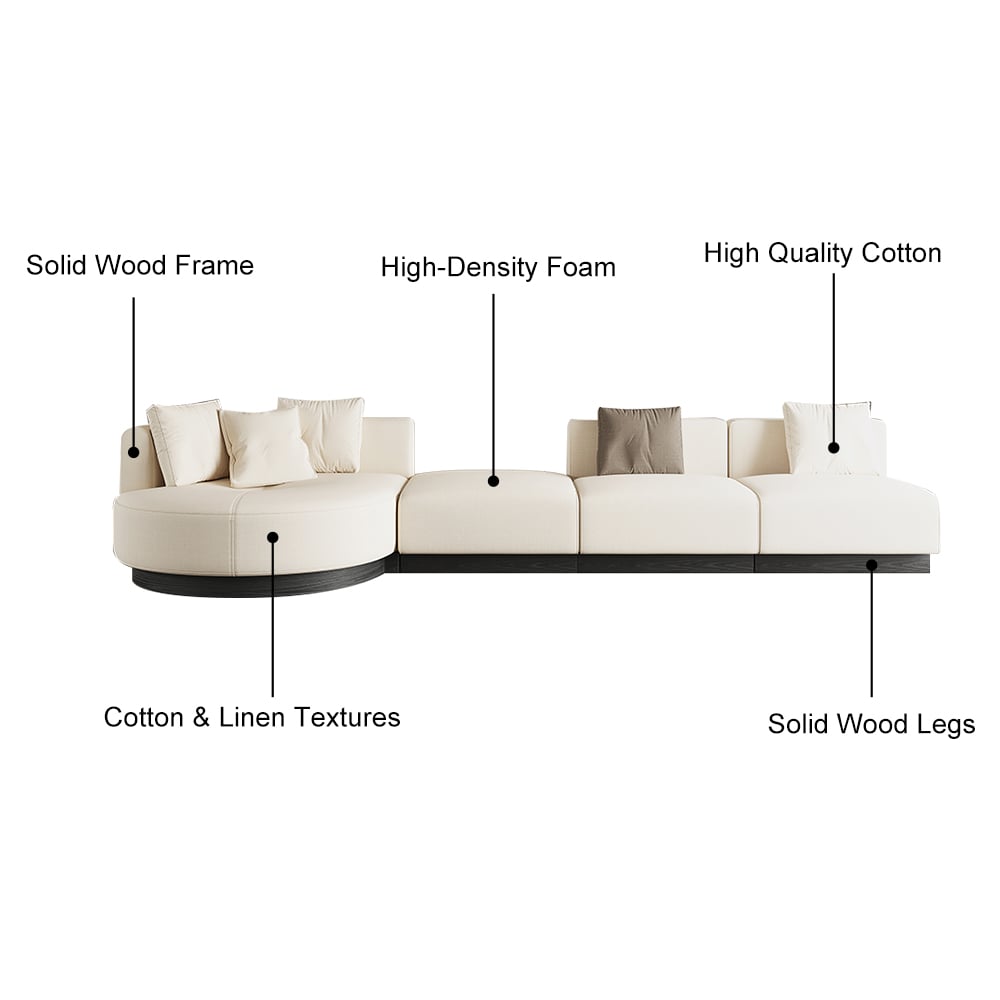 Beige modern L-shaped sectional sofa with pillows and black legs, perfect for corner seating