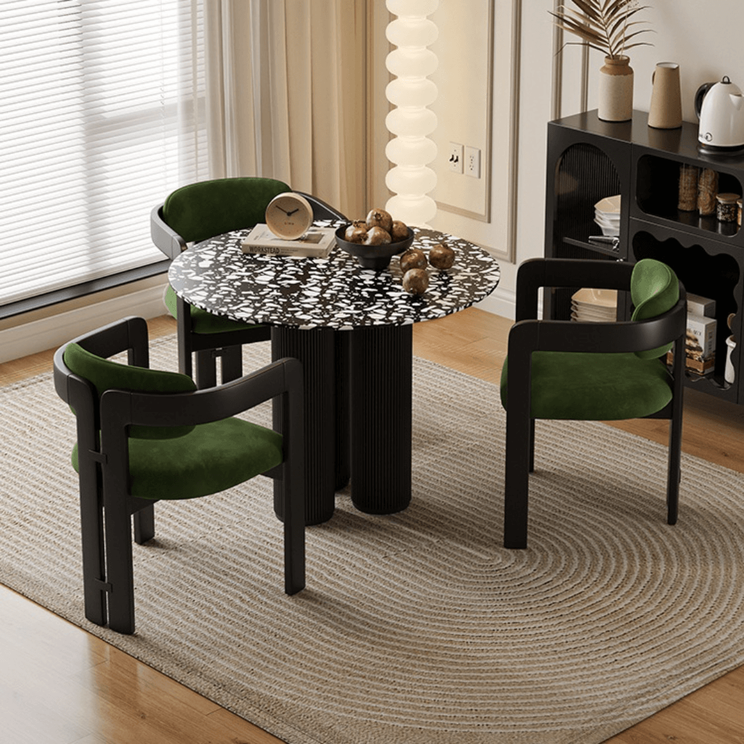 Small space dining set with terrazzo table and luxurious velvet seats main product image Hauptbild