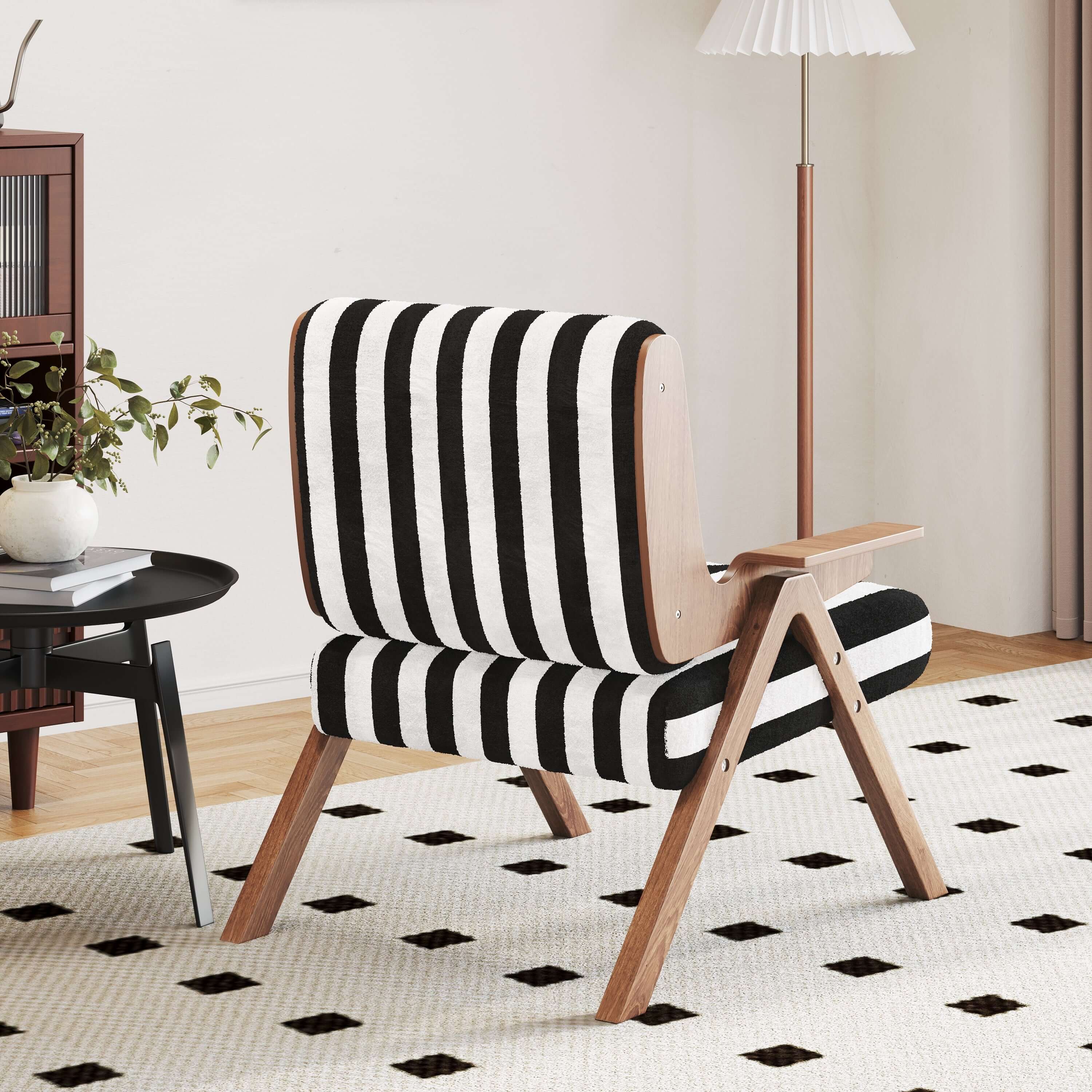 White modern accent armchair sofa with black stripes, stylish and comfortable seating