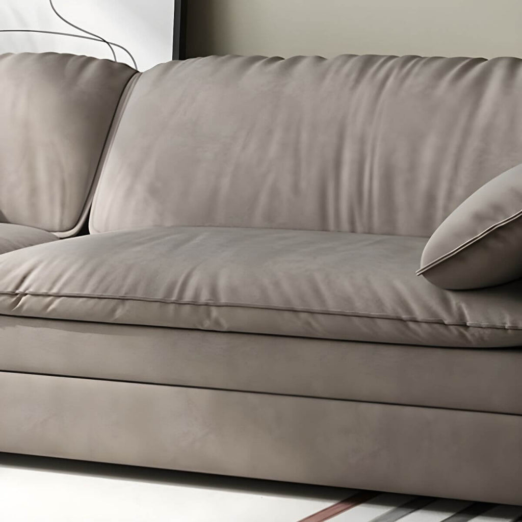 Gray Scandinavian sofa bed with fabric upholstery and coir faux leather sleeper, 69 inches long