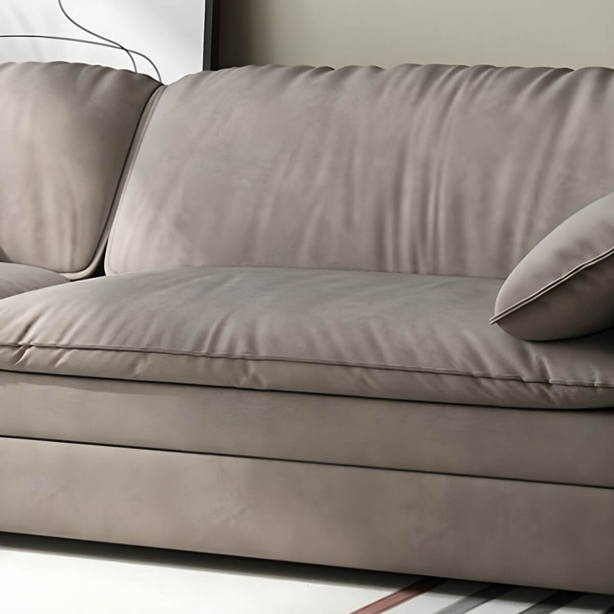 Gray Scandinavian sofa bed with fabric upholstery and coir faux leather sleeper, 69 inches long