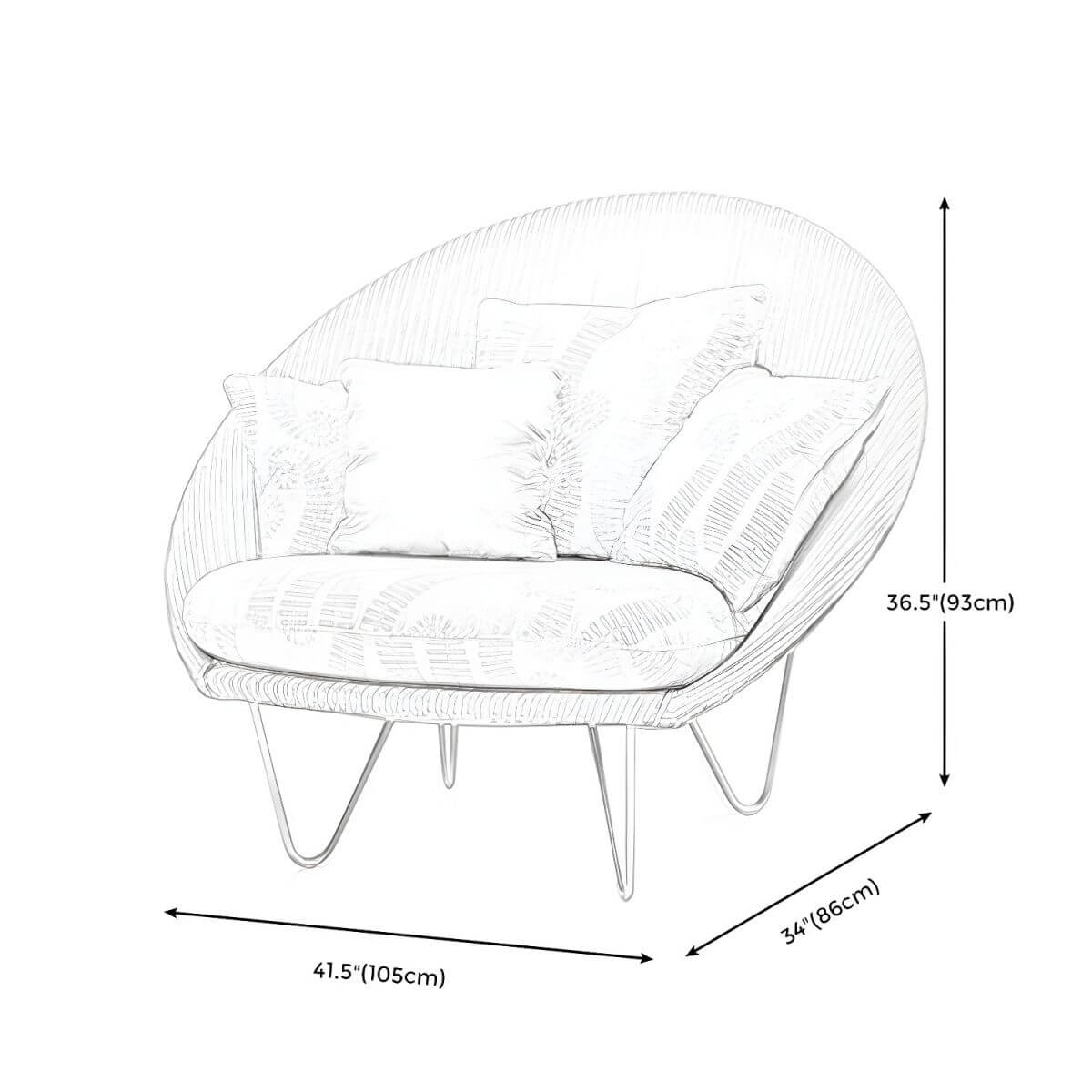 Contemporary woven back papasan accent chair with dimensions 41.34 by 33.86 by 36.61 inches