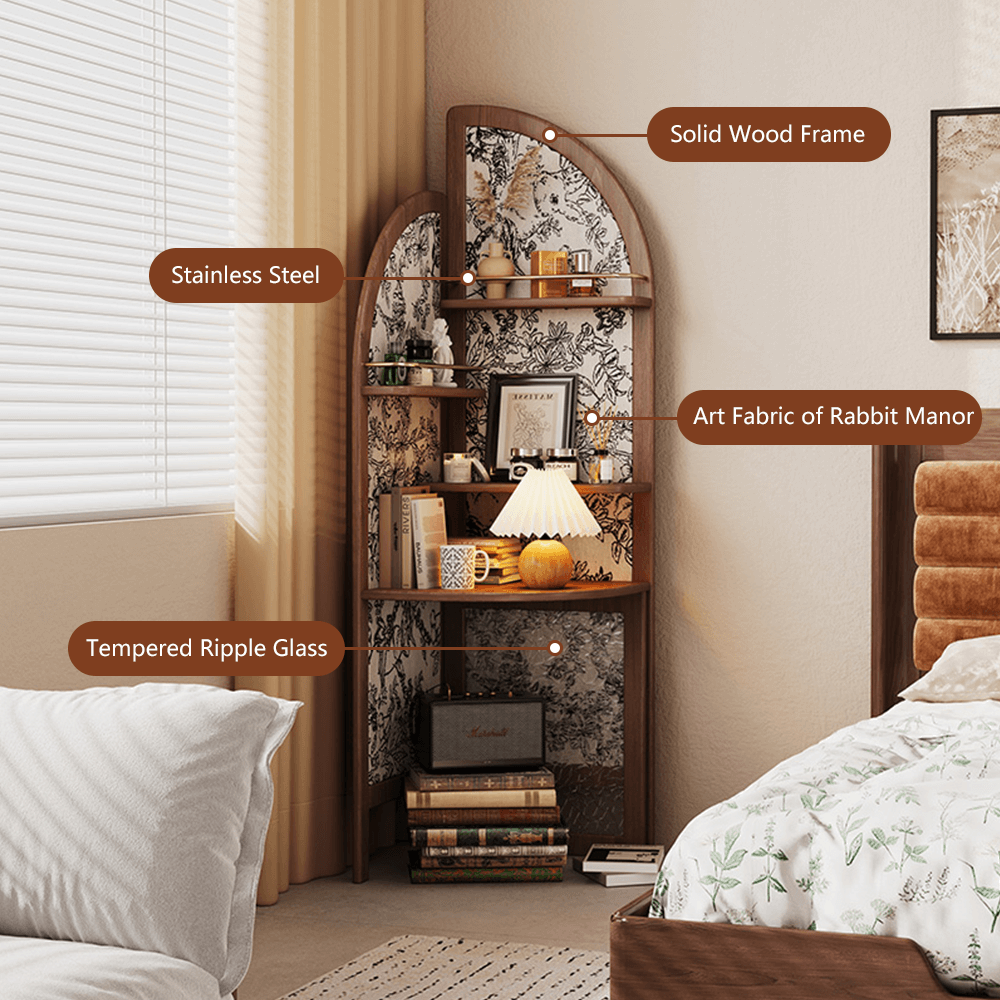 Adjustable arched corner bookcase with open shelves for stylish storage and display