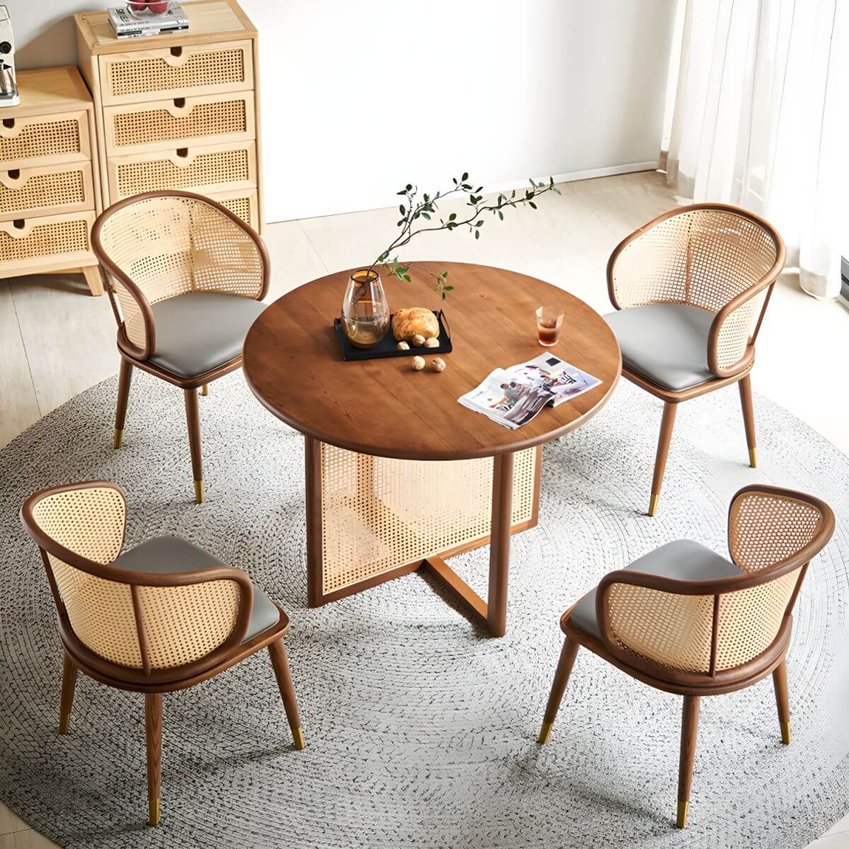 5-piece solid wood dining set with round rattan table and four chairs for dining room