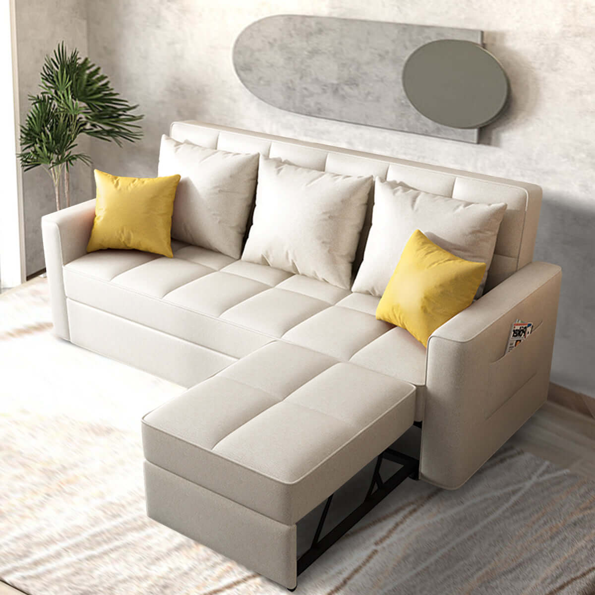 Beige linen convertible sleeper sofa chair bed measuring 70.8 inches, perfect for small spaces