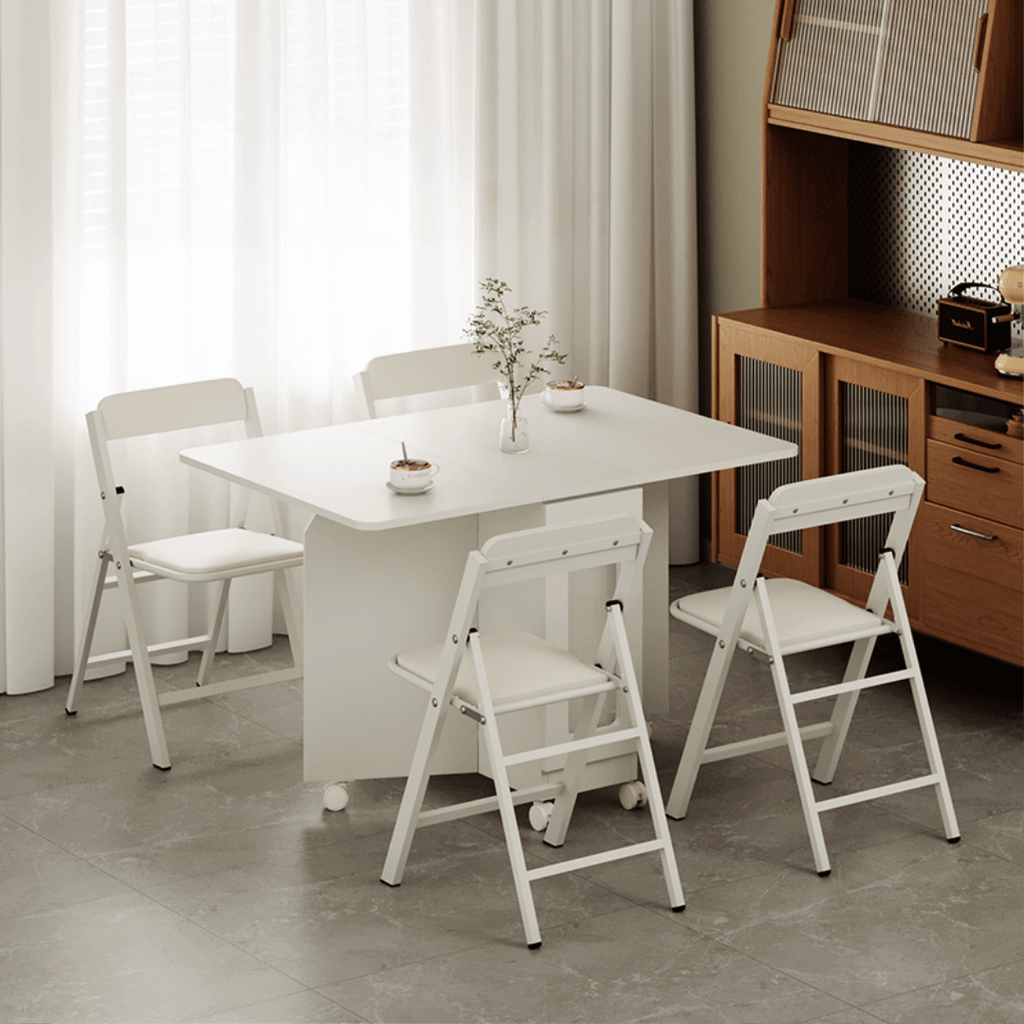 Cream foldable dining table with wheels, minimalist design, easy to assemble main product image