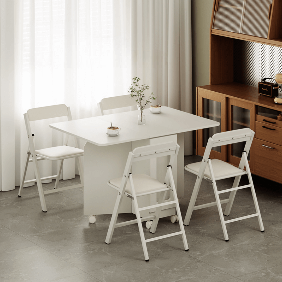 Mesa de comedor plegable minimalista crema con ruedas