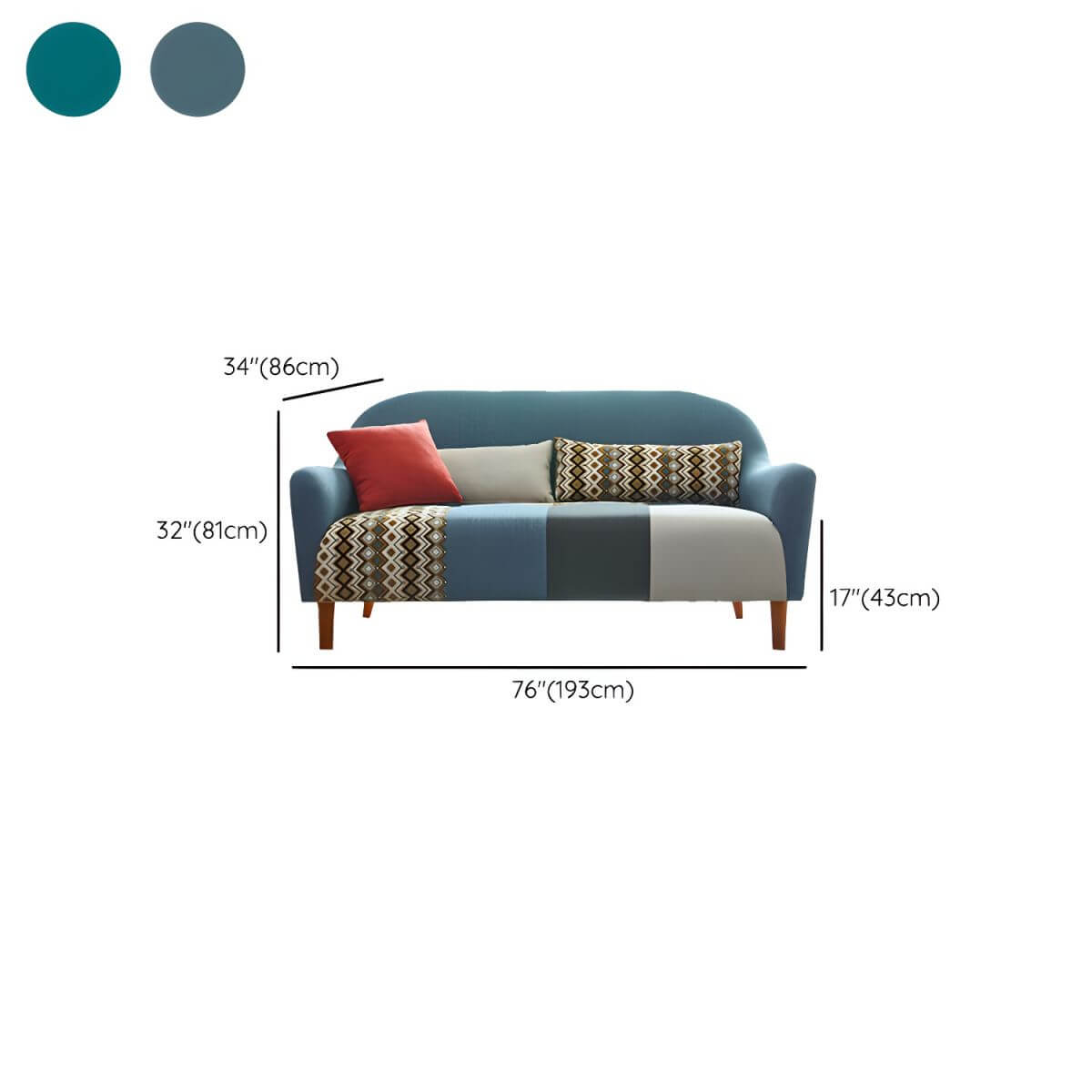 Farmhouse wood sofa with patchwork polyester blend upholstery and foam seat fill