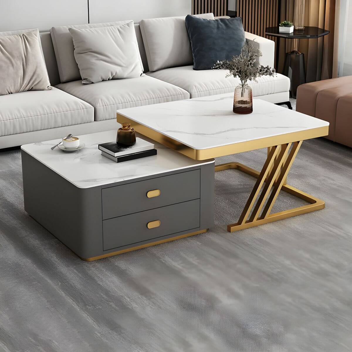 Modern square steel frame nesting coffee tables set with two pieces, including a small table