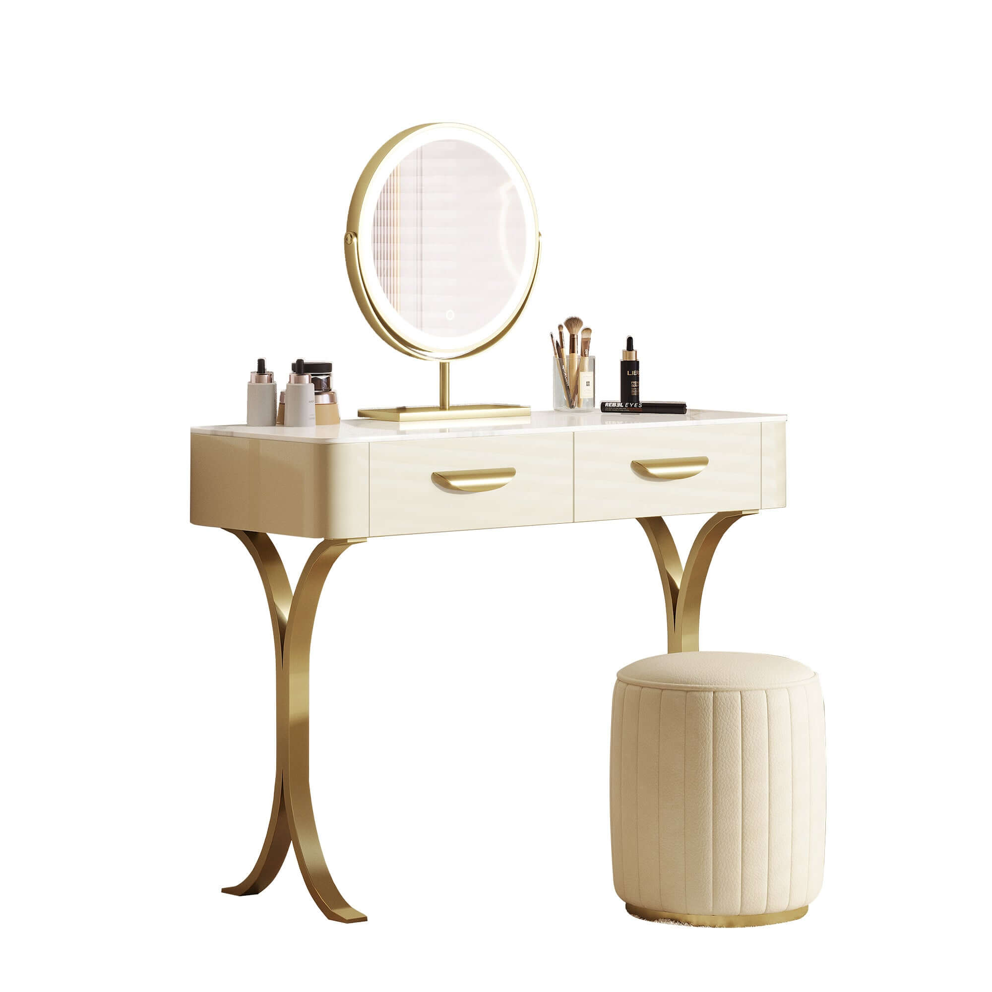 Luxury vanity makeup table with mirror, two drawers, and matching stool for elegant dressing