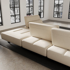 134.6" White Leather Lounge Deep Seat Sectional Sofa with Adjustable Armrest & Backrest