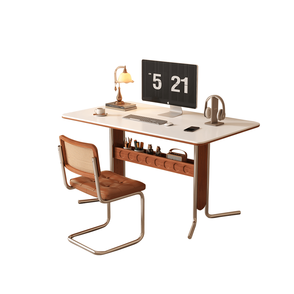 Square vintage dining and desk combo table with slate top, storage, and stainless steel legs