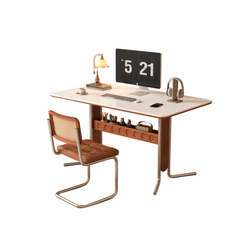 Vintage Dining-Desk Combo Square Slate Top Table with Storage and Stainless Steel Legs