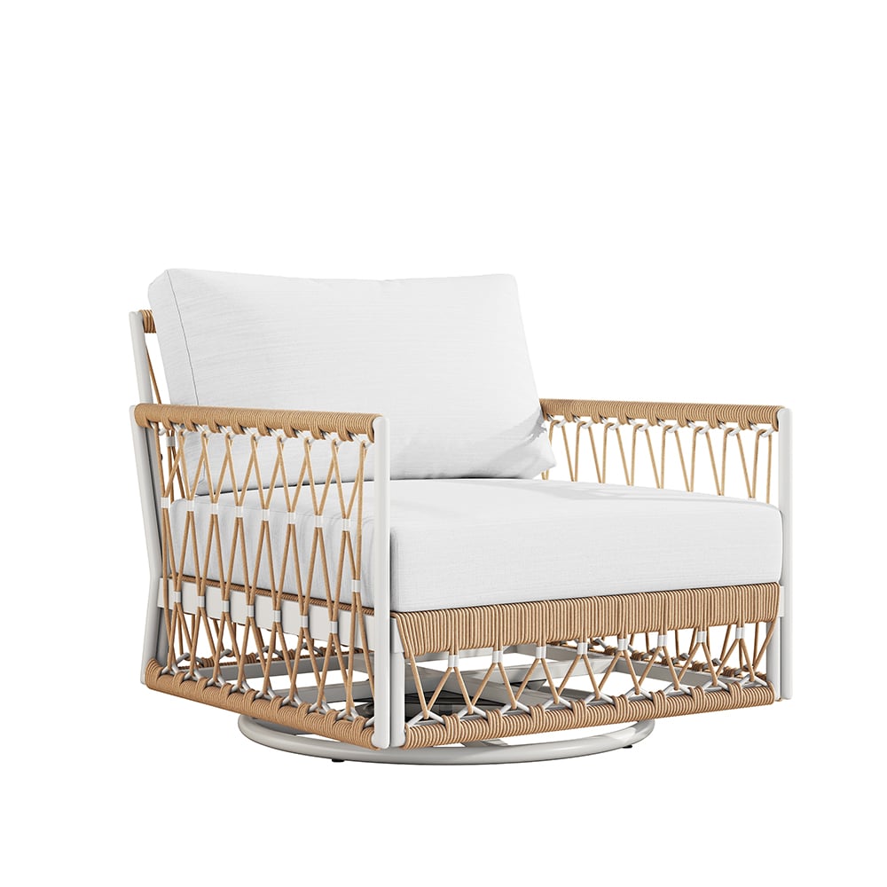 Outdoor 3-piece swivel sofa set with aluminum frame, weave rope, and side table in khaki