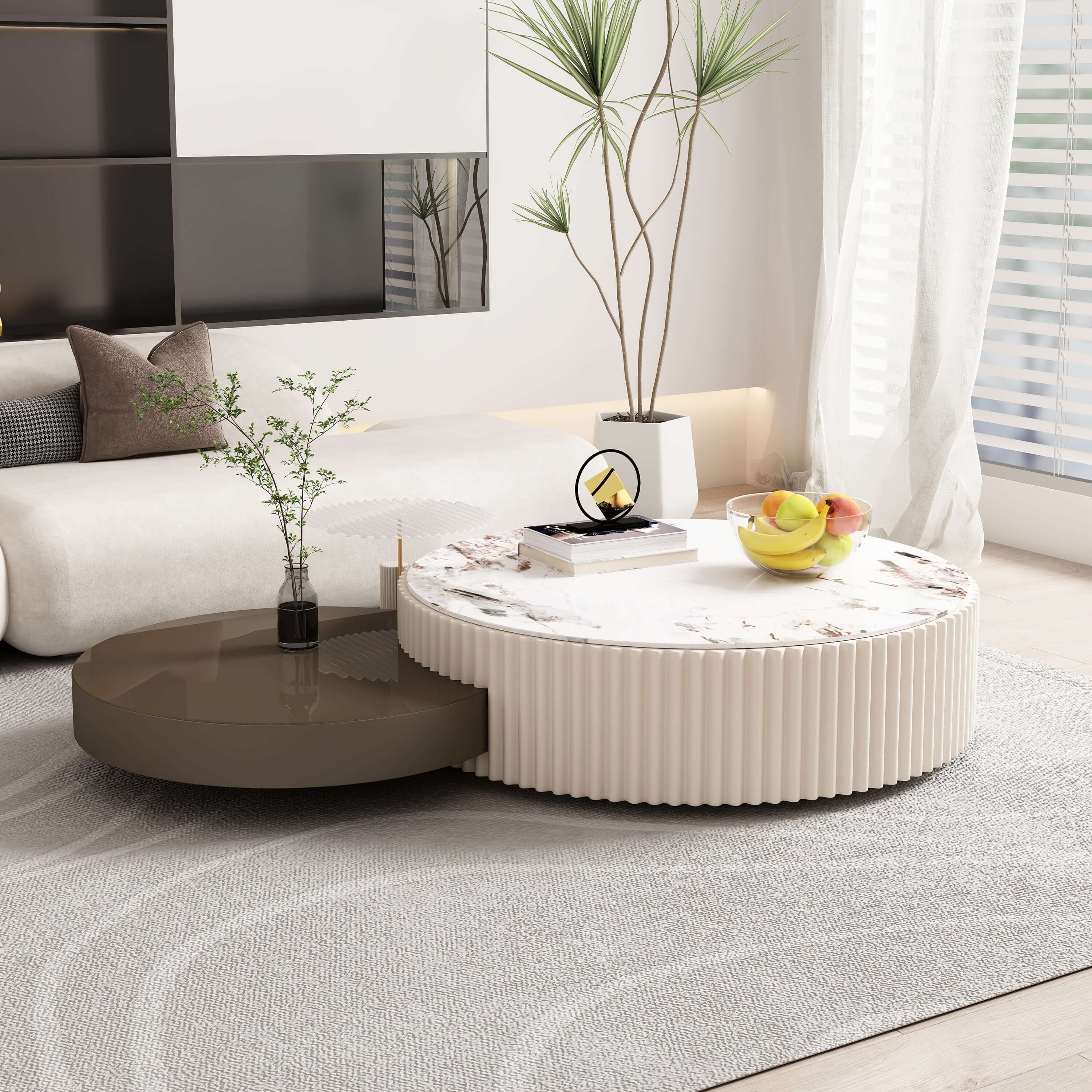 Set of 3 white and grey nesting coffee tables with stone tops and storage space