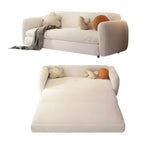 Modern white sleeper sofa with detachable mattress, casters, and black legs, 51 by 37 inches