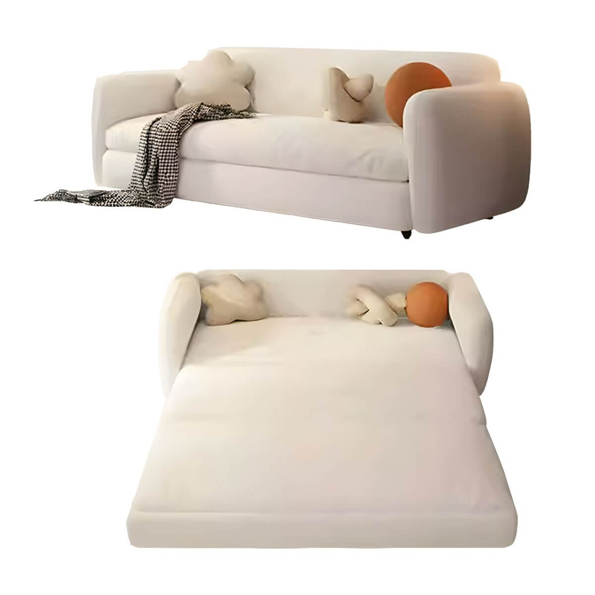 Modern white sleeper sofa with detachable mattress, casters, and black legs, 51 by 37 inches