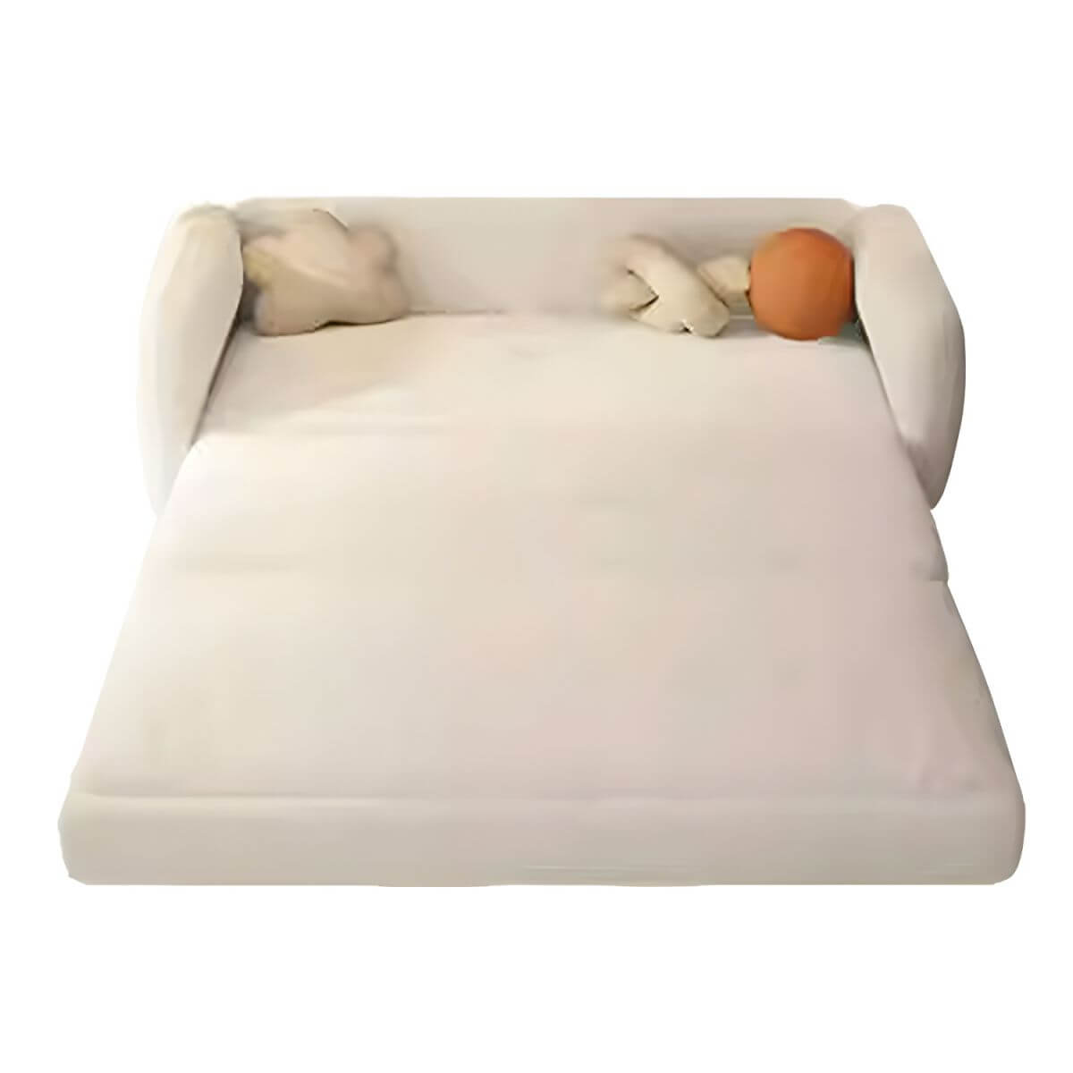 Modern white sleeper sofa with detachable mattress, casters, and black legs, 51 by 37 inches