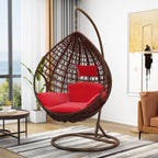 Magenta and sepia porch swing egg chair with alloy stand, chain, cushions, and 2-person seating