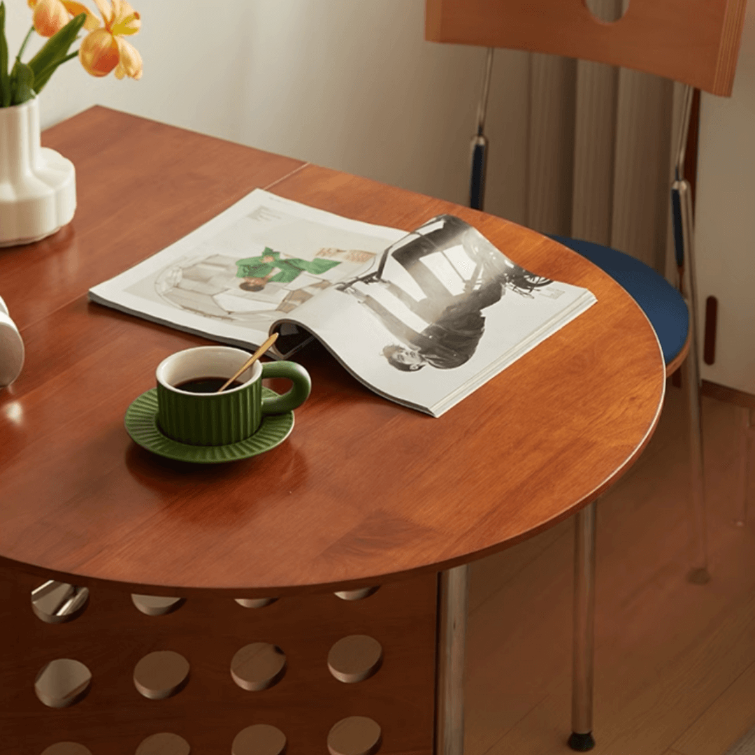 Retro-style dining table with smooth edges, perfect for family meals and work