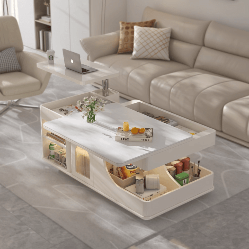 Cream lift-top coffee table with smart storage and easy mobility for modern living rooms