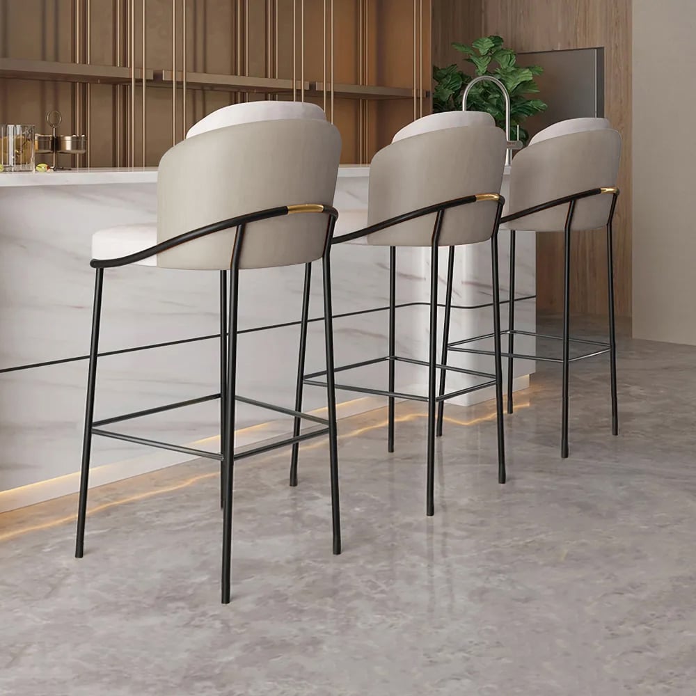 Set of 4 gray PU leather breakfast bar stools with backrest and footrest, modern design