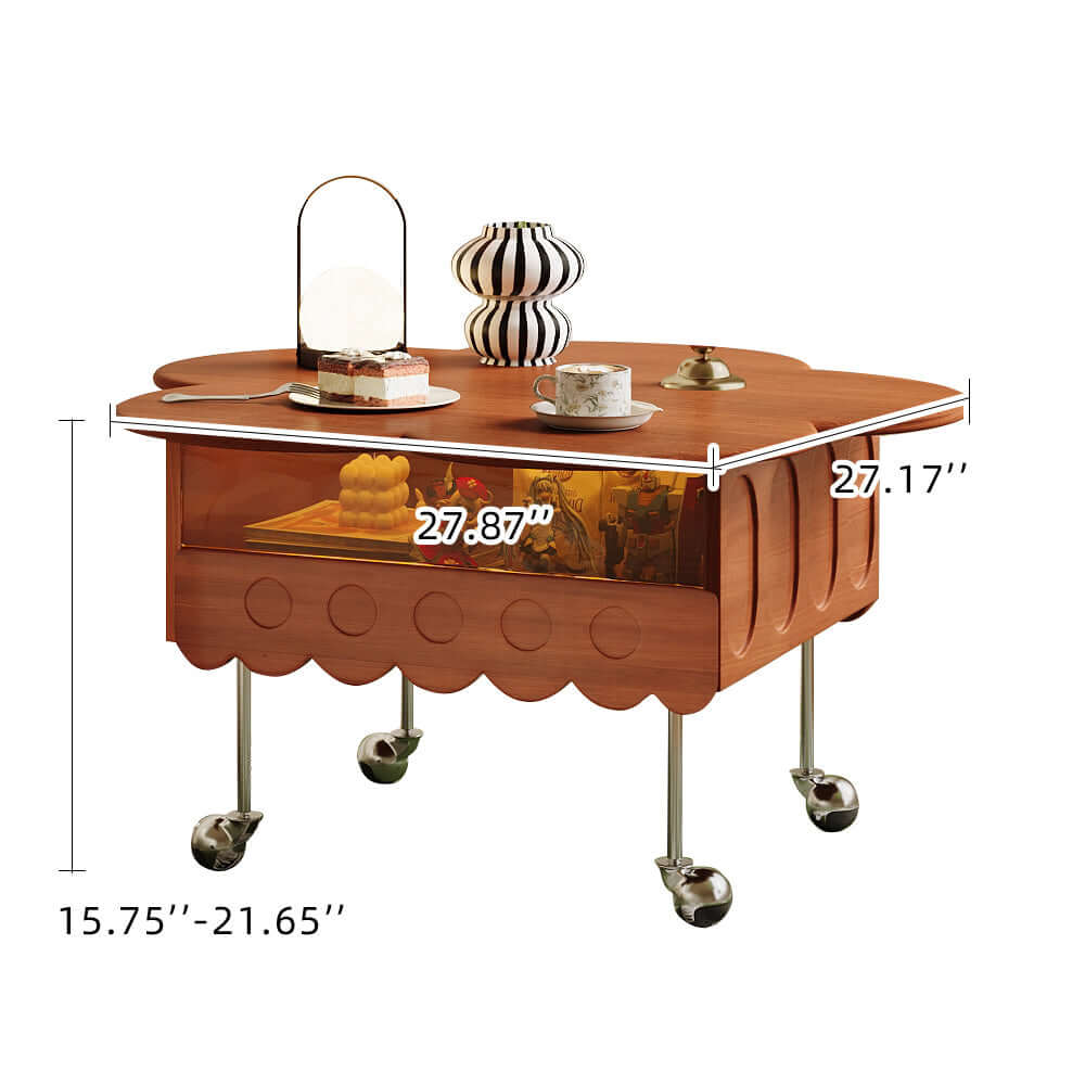 Movable retro coffee table with solid wood and adjustable petal design for living room