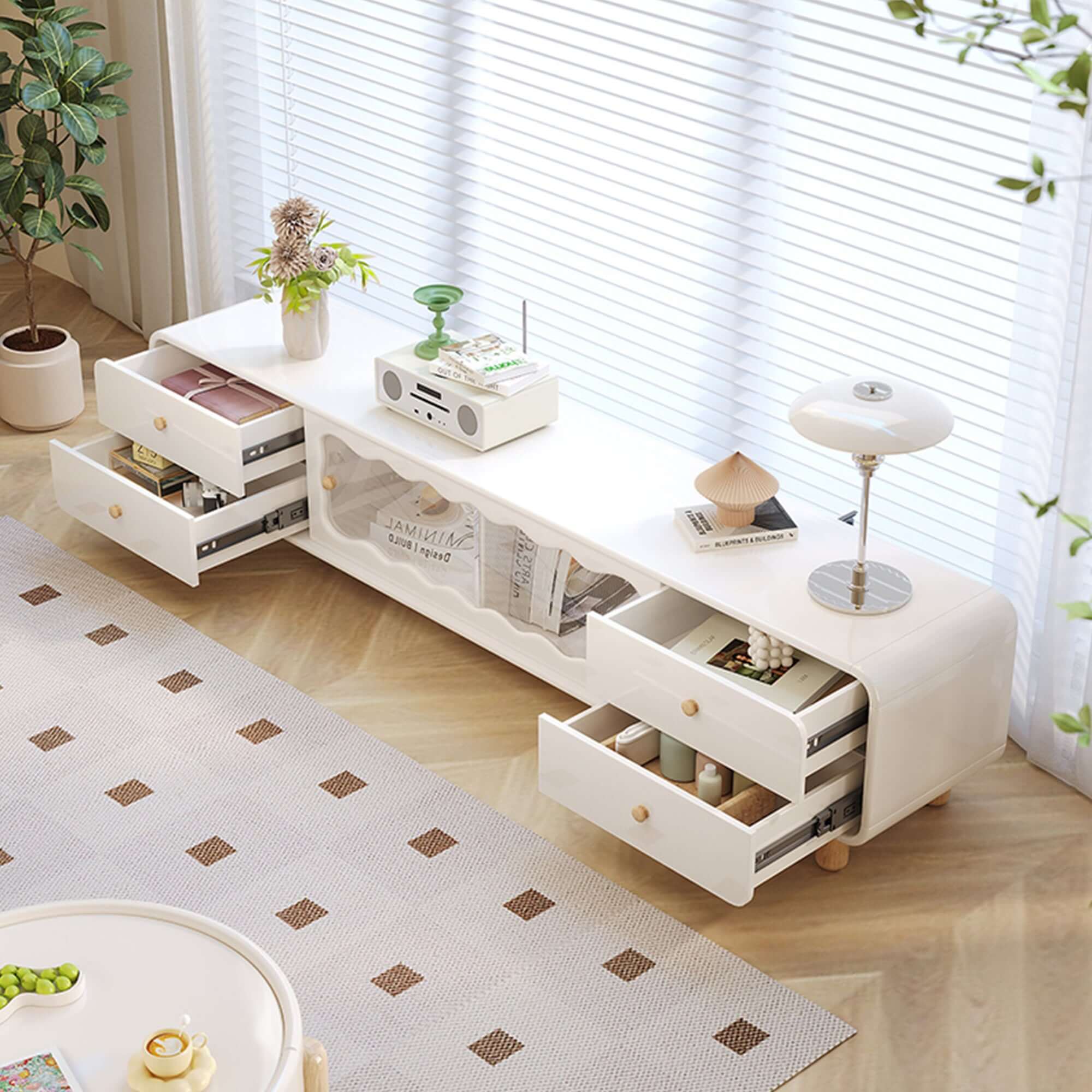 Cream wooden TV stand featuring sliding door and drawers for stylish storage