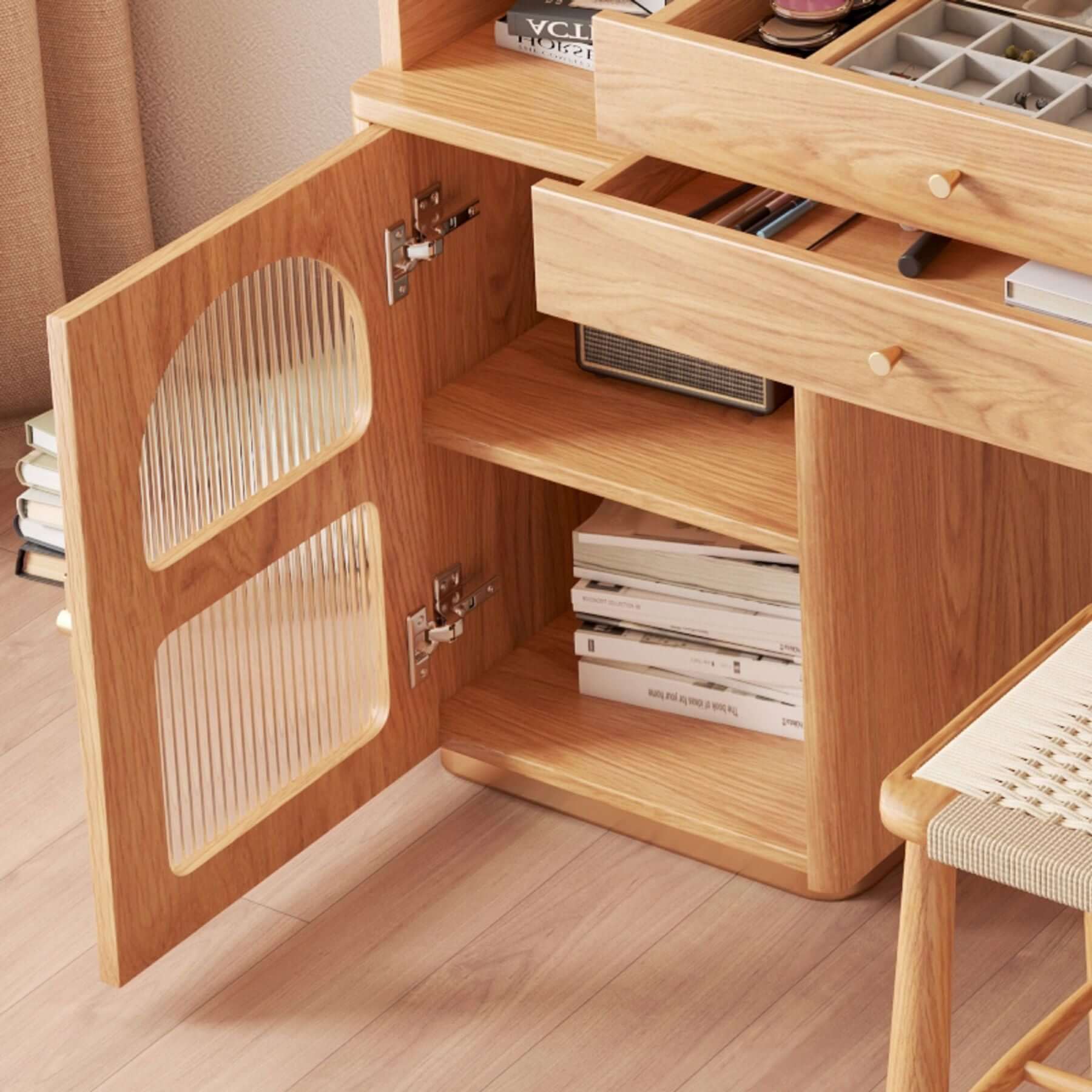 Elegant wooden dressing table featuring a bright LED mirror for stylish makeup and grooming