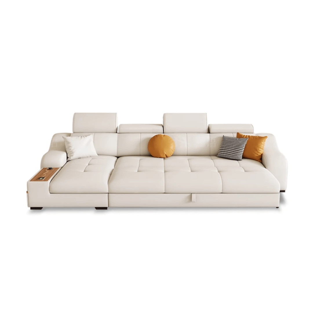 Space-saving sofa bed with a cute pony stool, perfect transformable furniture for small spaces