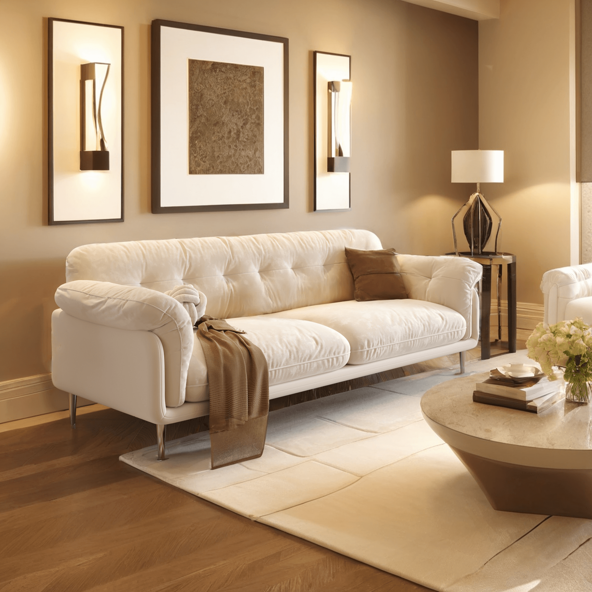 Modern white velvet living room sofa with stainless steel legs, measuring 88.98 inches