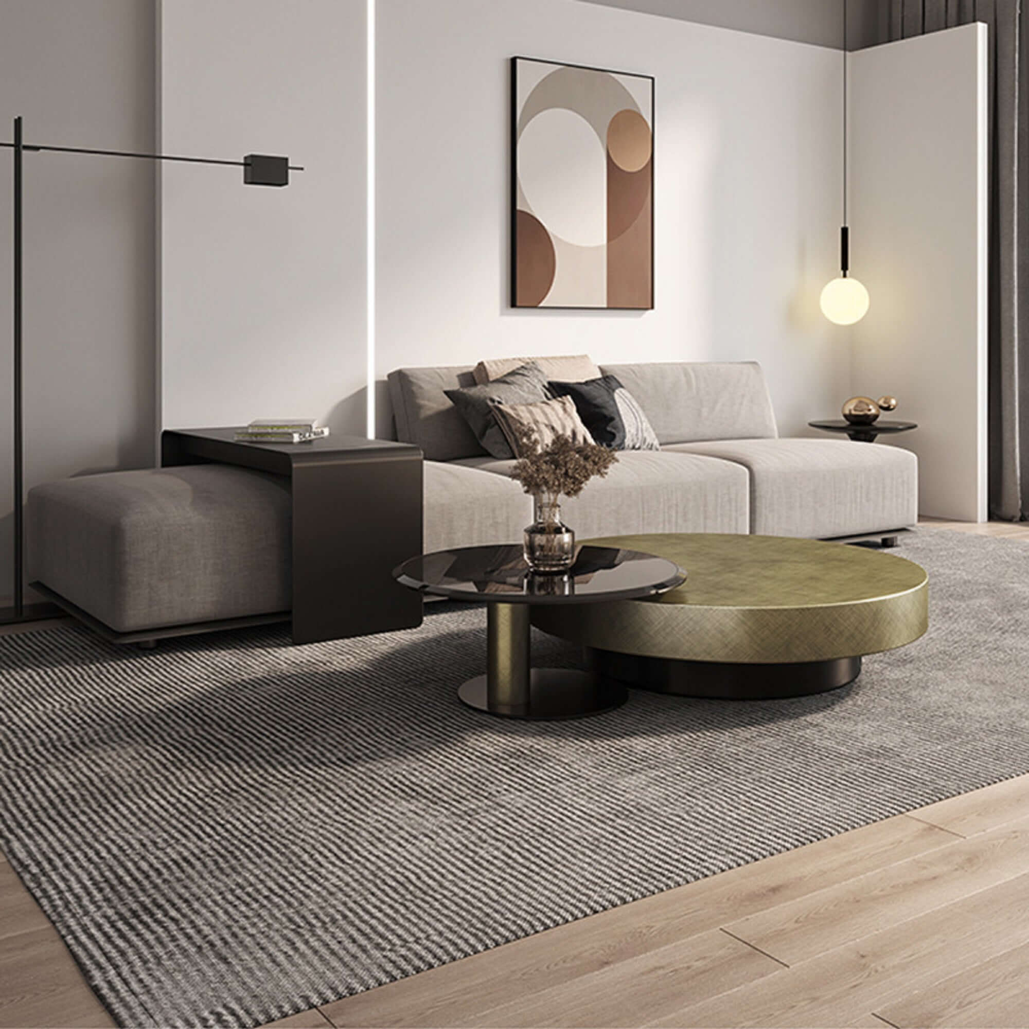 Set of two gold and black round nesting coffee tables with tempered glass tops