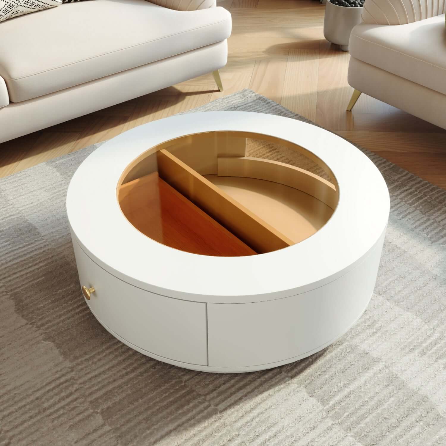 Round coffee table with luxury glass top and built-in drawers for stylish storage