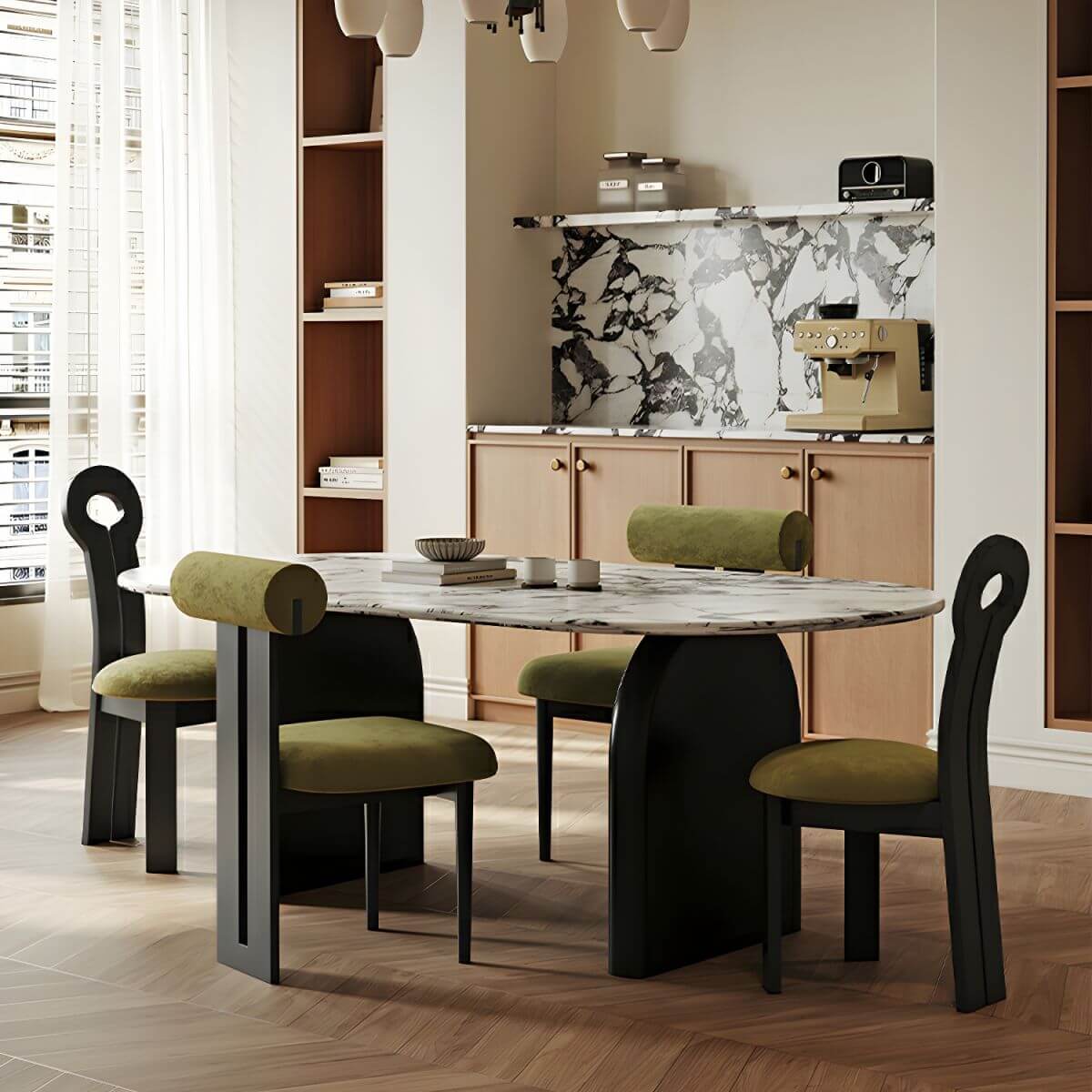 Oval modern dining table with stone top and black wood double pedestal base, 55.1 by 31.5 inches