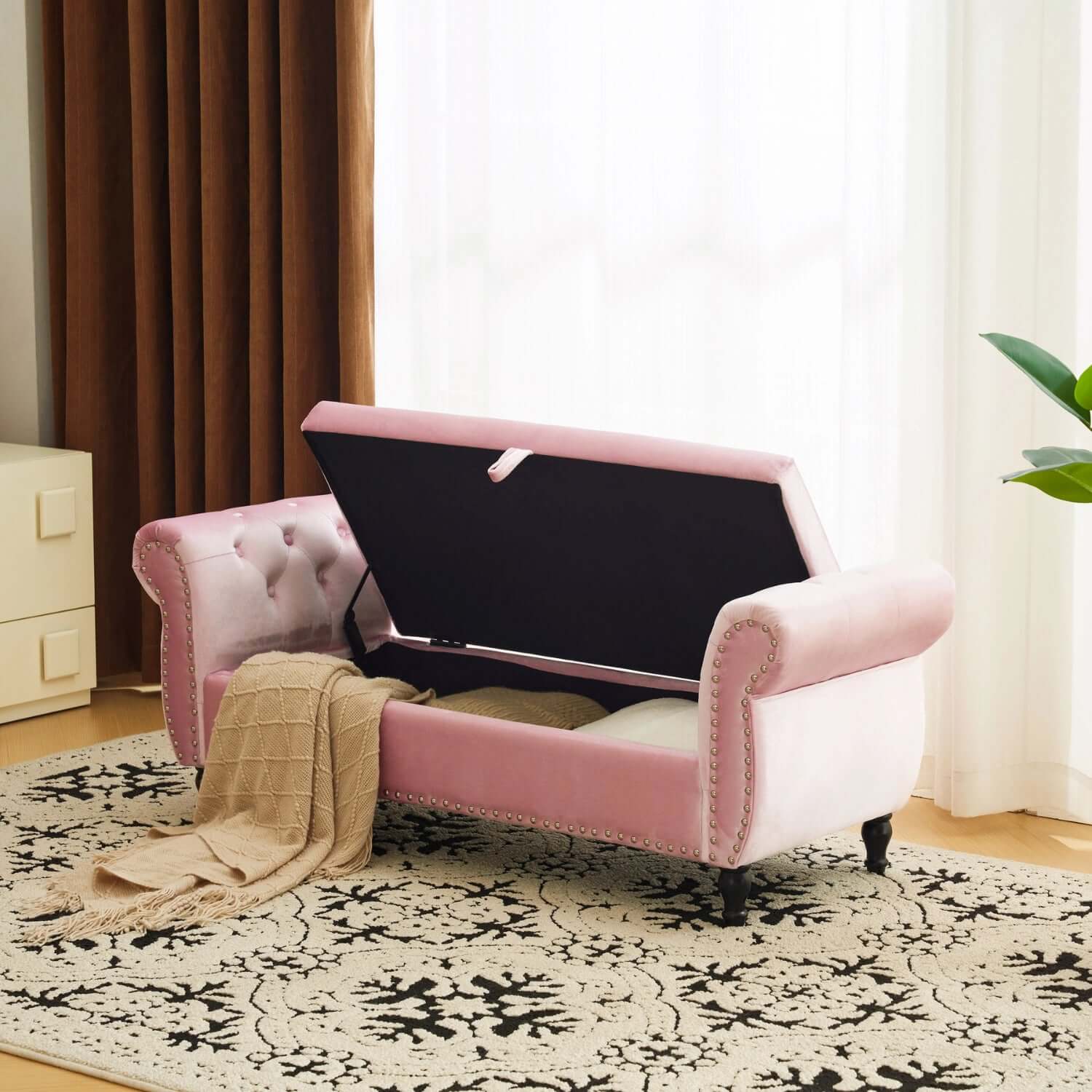 51" Pink Velvet Ottoman Bench with Flip-Top Storage
