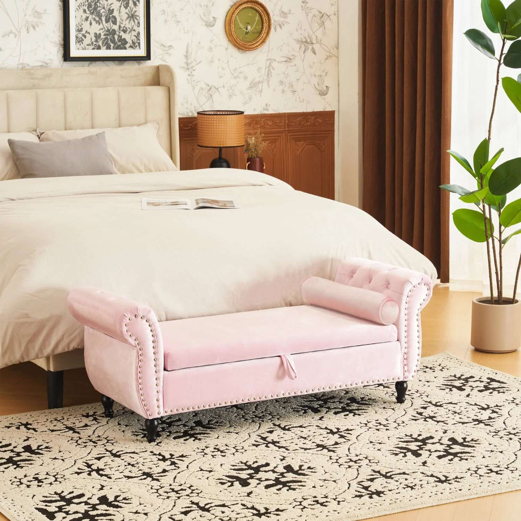51" Pink Velvet Ottoman Bench with Flip-Top Storage