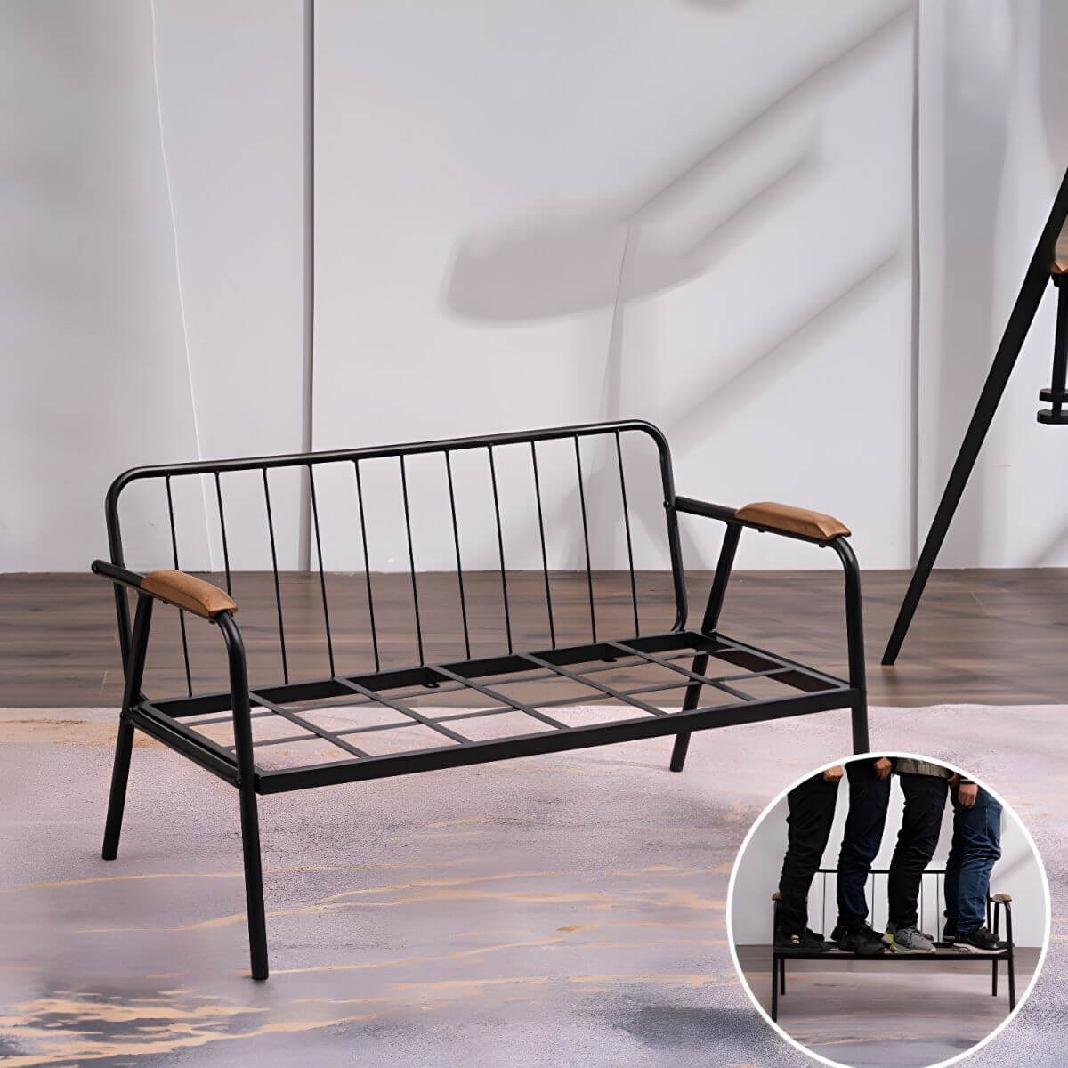 Mid century modern 2-seater sofa with black metal frame and solid wood arms