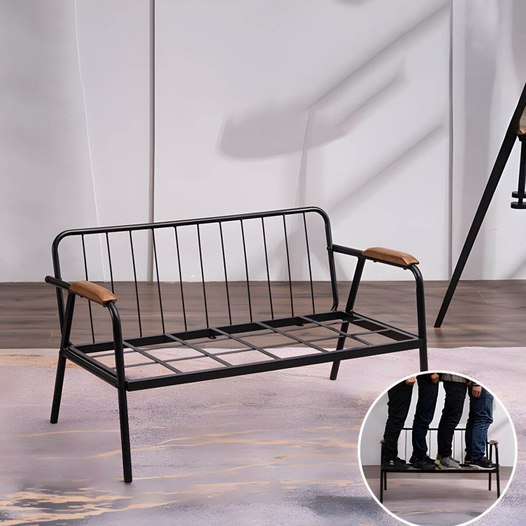 Mid century modern 2-seater sofa with black metal frame and solid wood arms