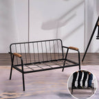 Mid century modern 2-seater sofa with black metal frame and solid wood arms