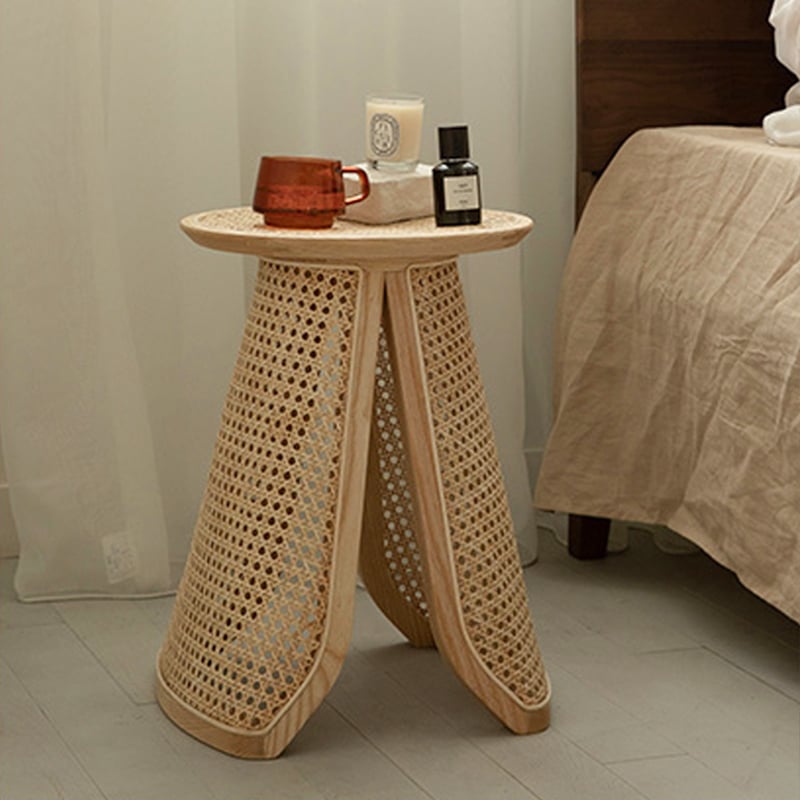 13-inch round rattan and ash wood side table with natural finish for indoor use