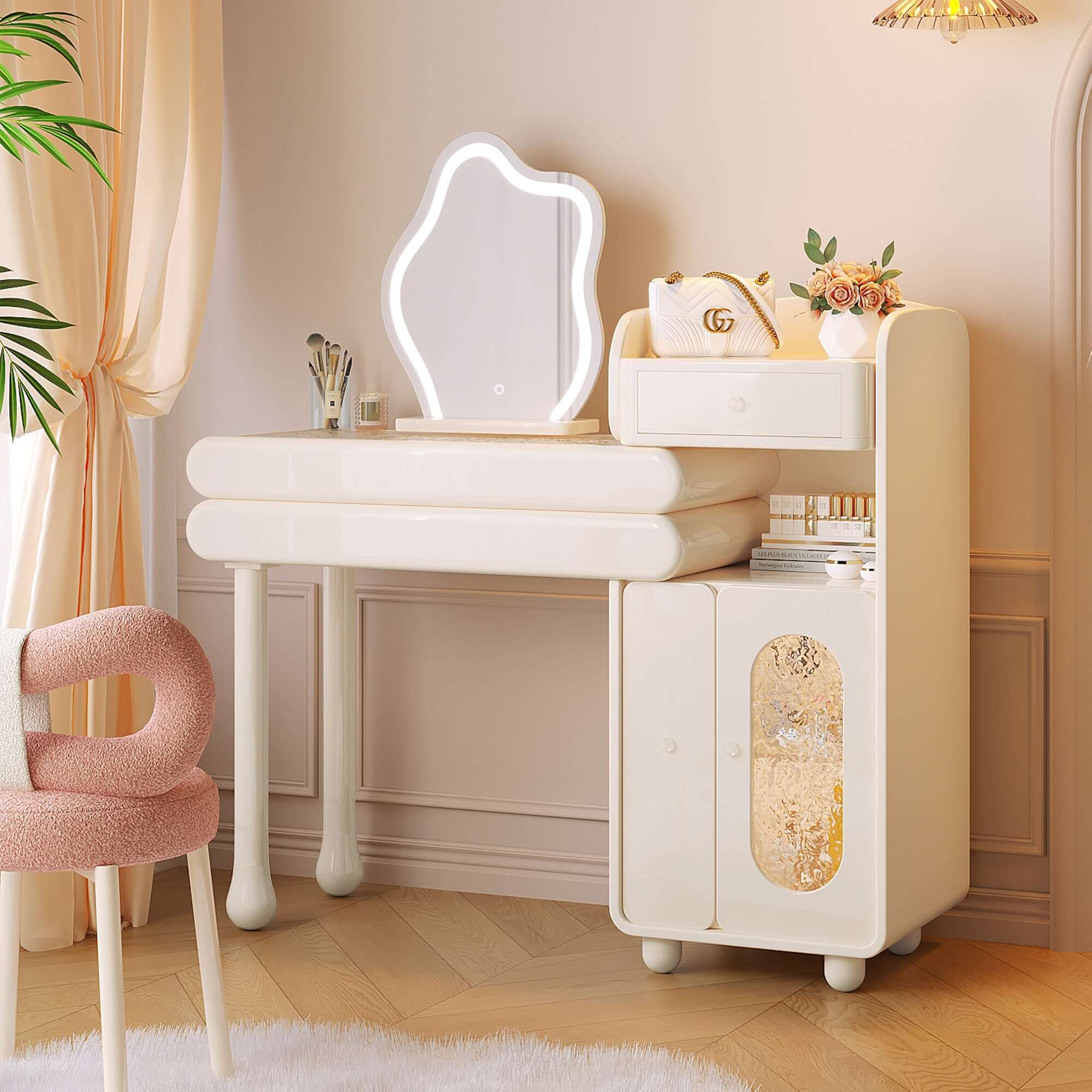 White modern stretchable makeup vanity dressing table with sleek design