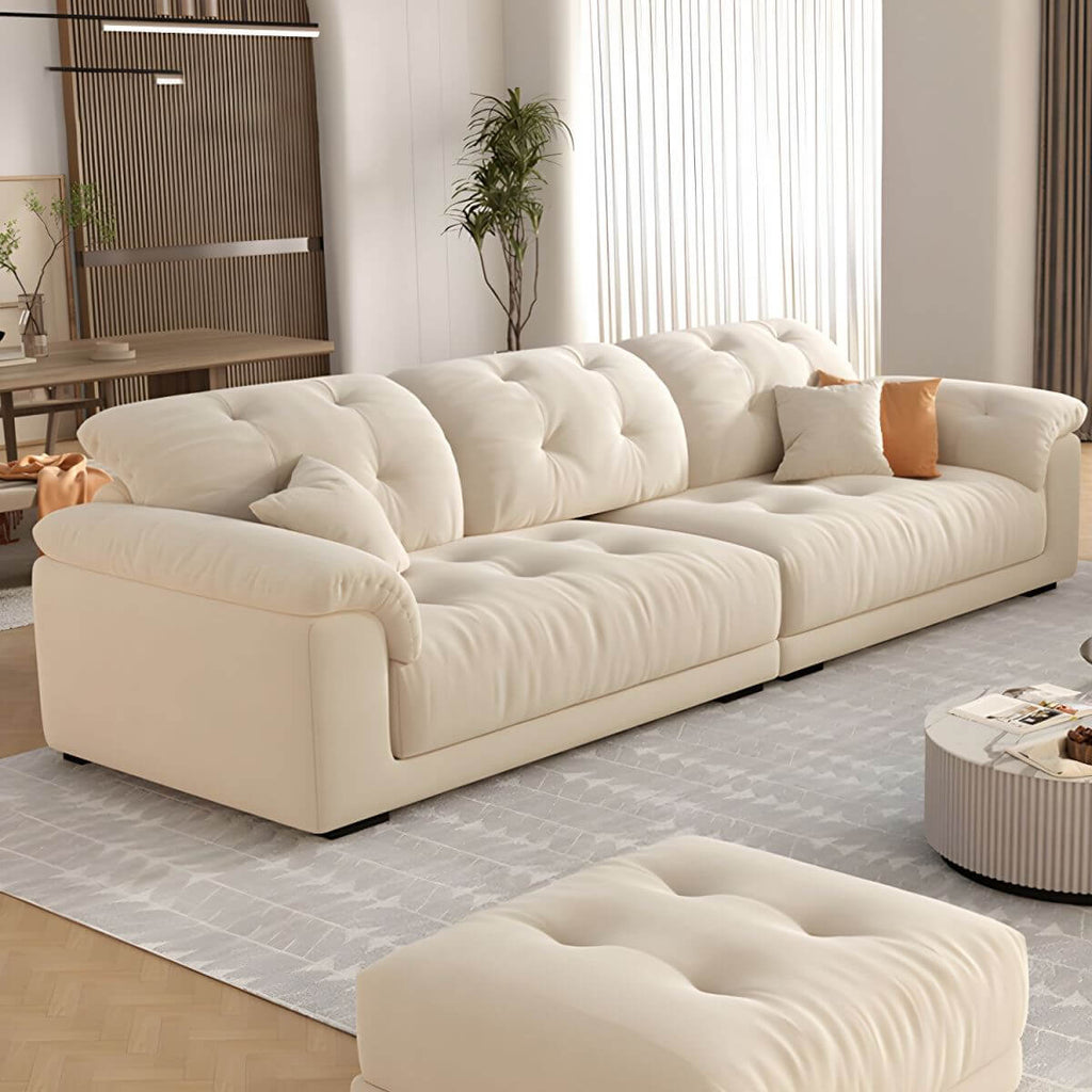 Beige polyester blend sofa with tufted back and pillow top arms, modern and comfortable seating
