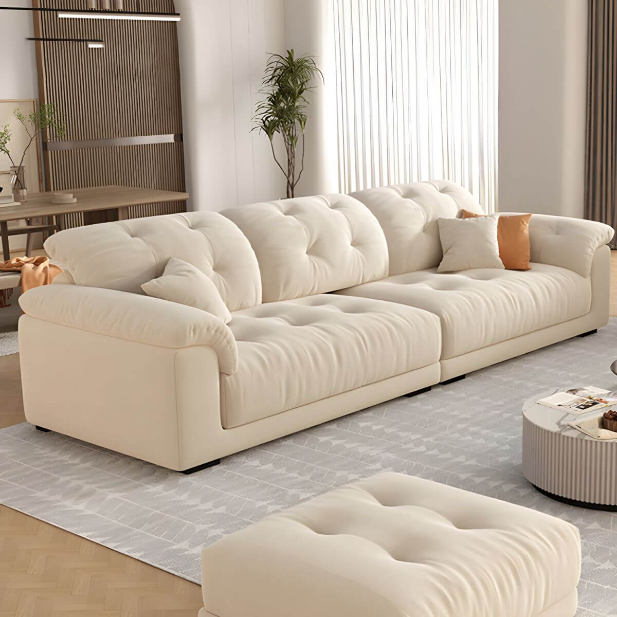 Beige polyester blend sofa with tufted back and pillow top arms, modern and comfortable seating
