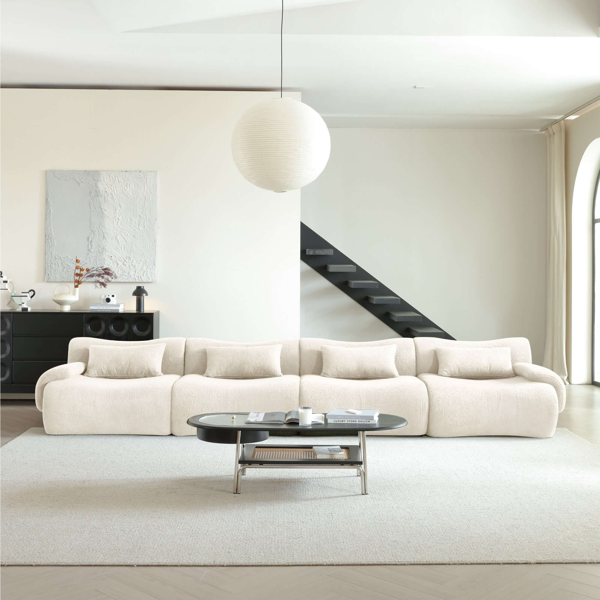 Modern sectional sofa upholstered in soft teddy velvet fabric with modular design