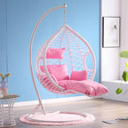 Metal porch swing with cushions, chain, and stand, designed to be heat resistant for outdoor use