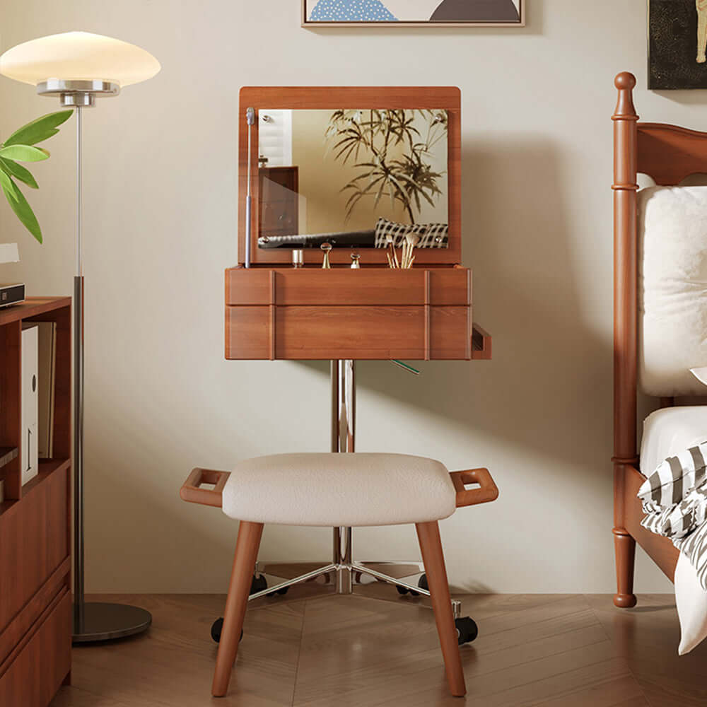 Small vintage-style solid wood vanity table with movable flip-top mirror for bedroom