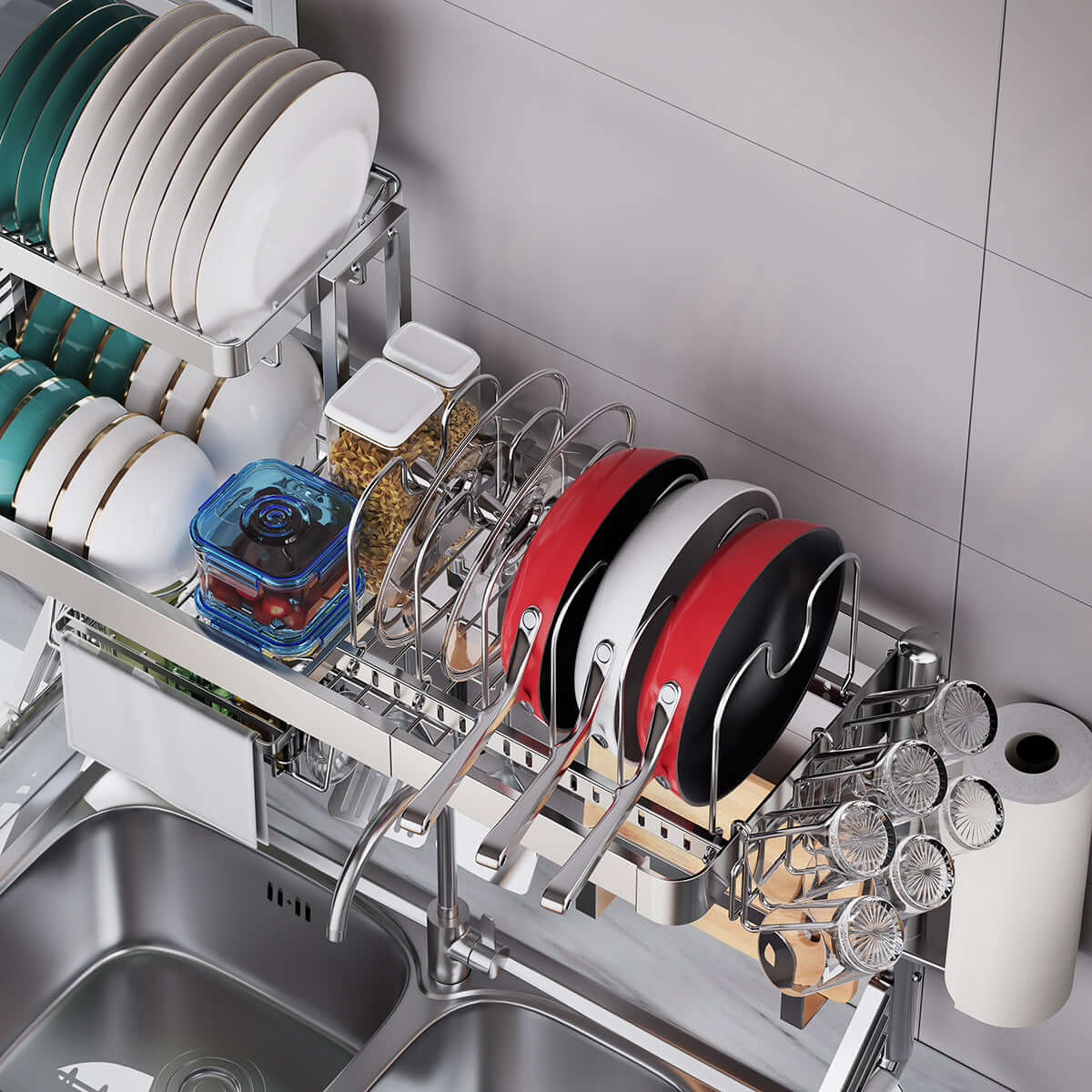 Large over-sink dish drying rack with multi-function organizer shelf for efficient kitchen storage