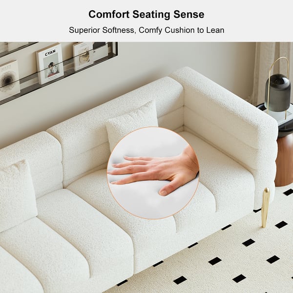 Modern white boucle upholstered fluted 3-seater sofa with pillow for living room seating